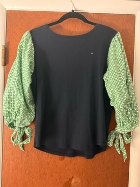 Tommy Hilfiger Navy Top with Green Gingham Tie Sleeves